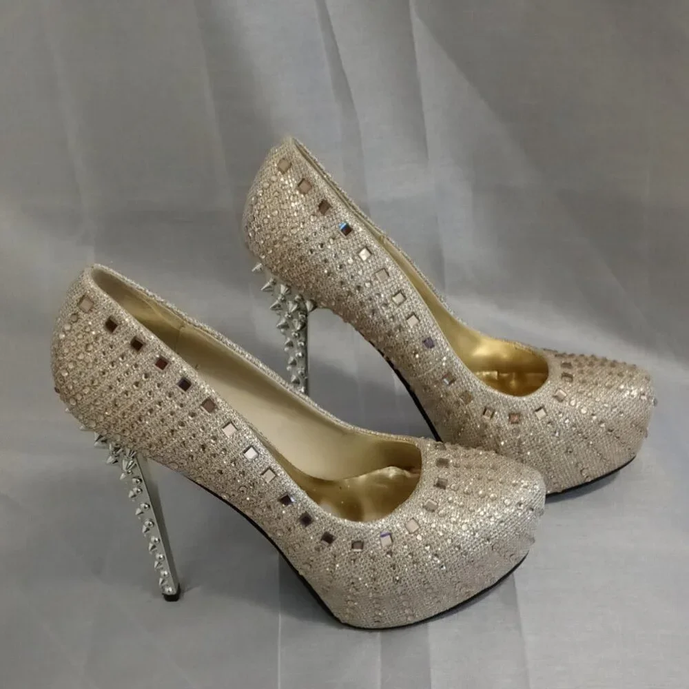 Champagne Rose Rhinestone Gold Spiked Heel 5 1/2in Platform Stiletto